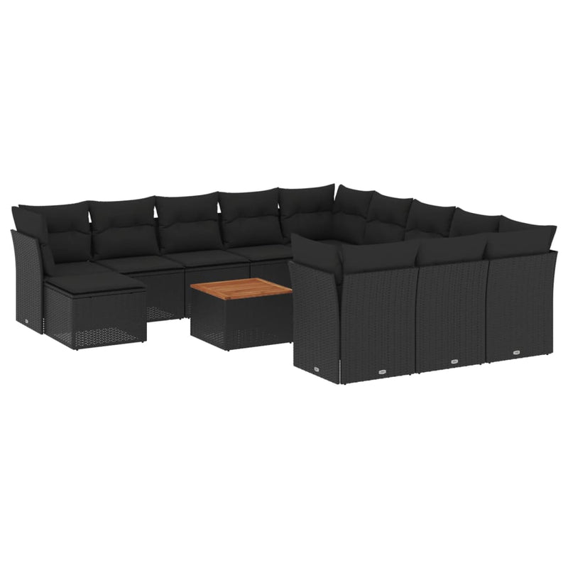 13-delige Loungeset met kussens poly rattan zwart