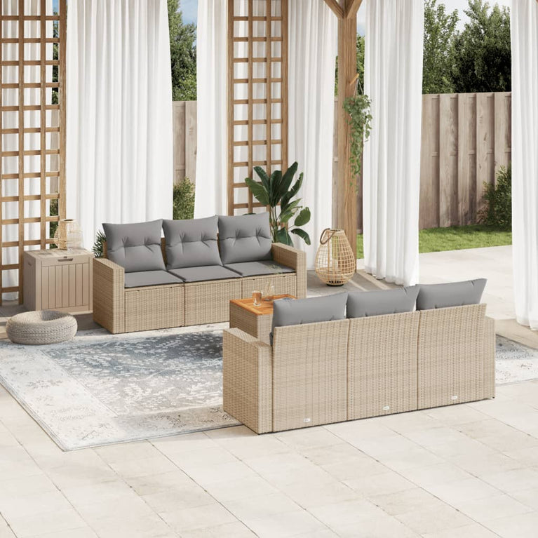 7-delige Loungeset met kussens poly rattan beige