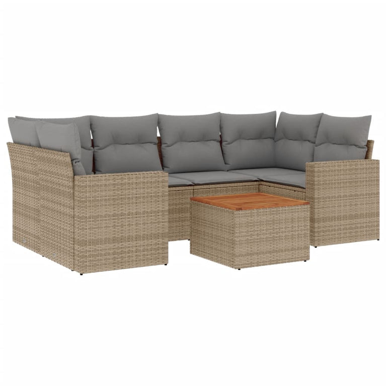 7-delige Loungeset met kussens poly rattan beige