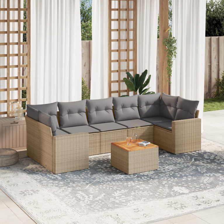 8-delige Loungeset met kussens poly rattan beige