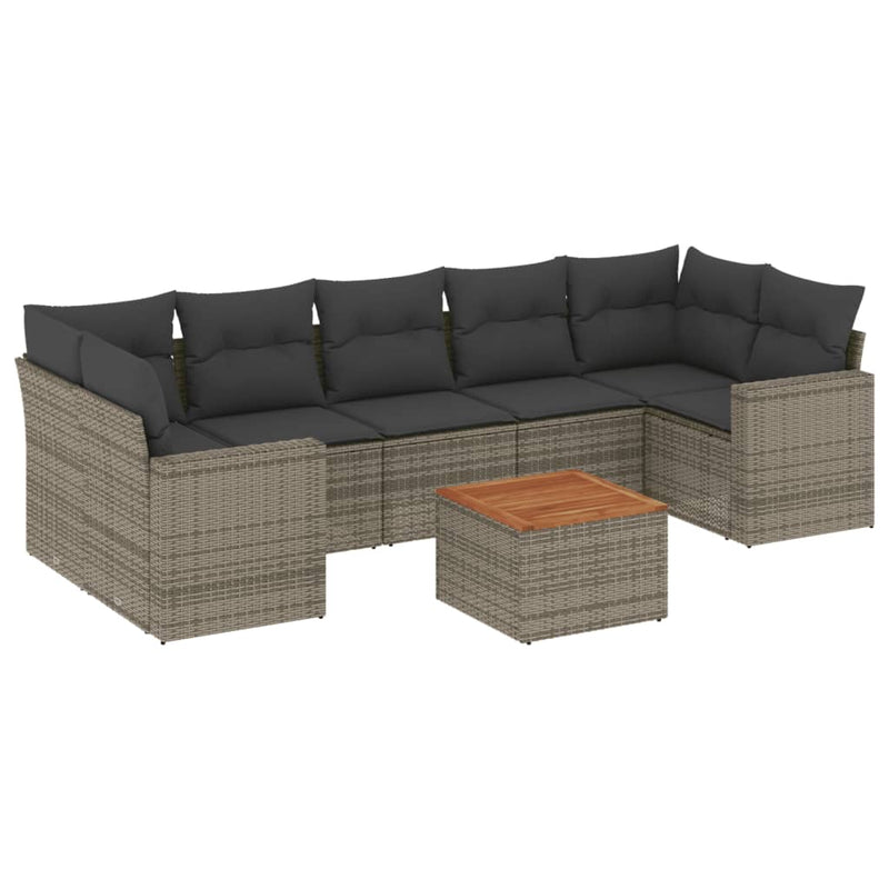 8-delige Loungeset met kussens poly rattan grijs