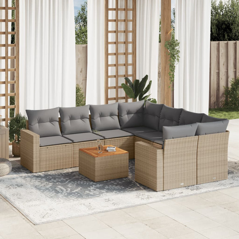 9-delige Loungeset met kussens poly rattan beige