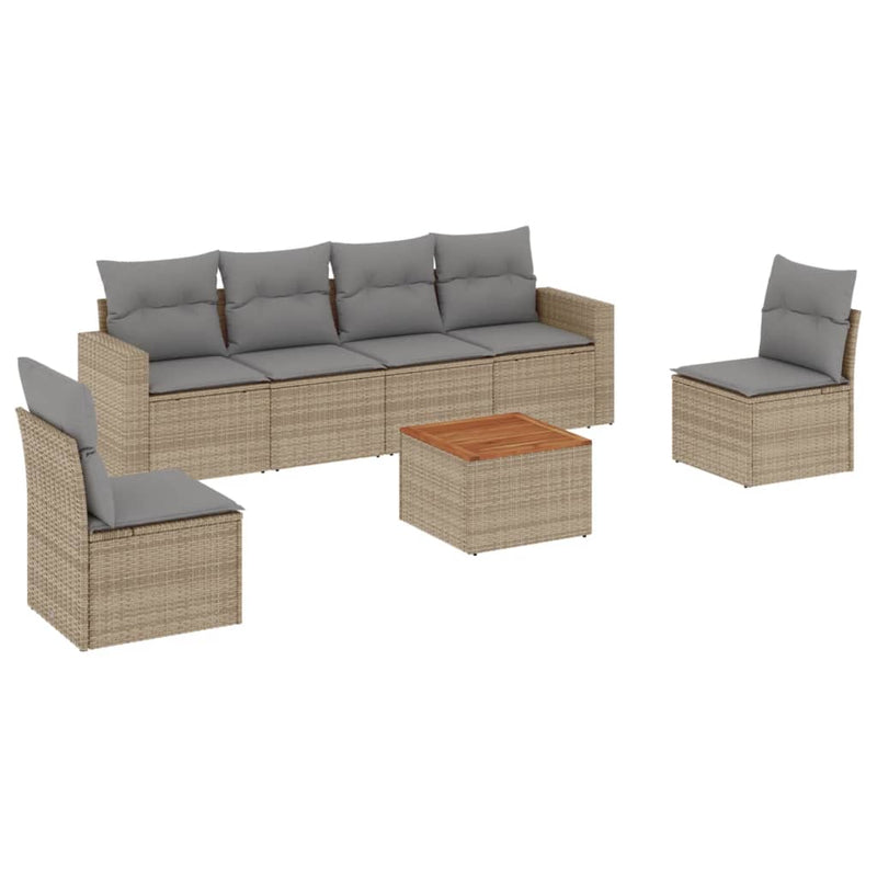 7-delige Loungeset met kussens poly rattan beige