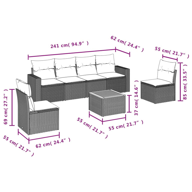 7-delige Loungeset met kussens poly rattan grijs