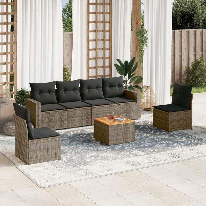 7-delige Loungeset met kussens poly rattan grijs