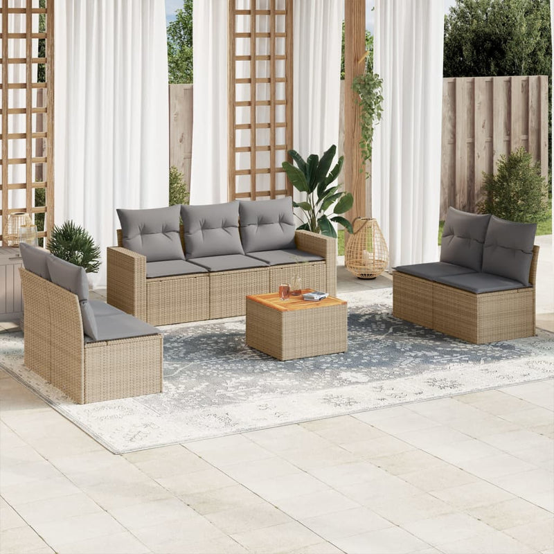 8-delige Loungeset met kussens poly rattan beige