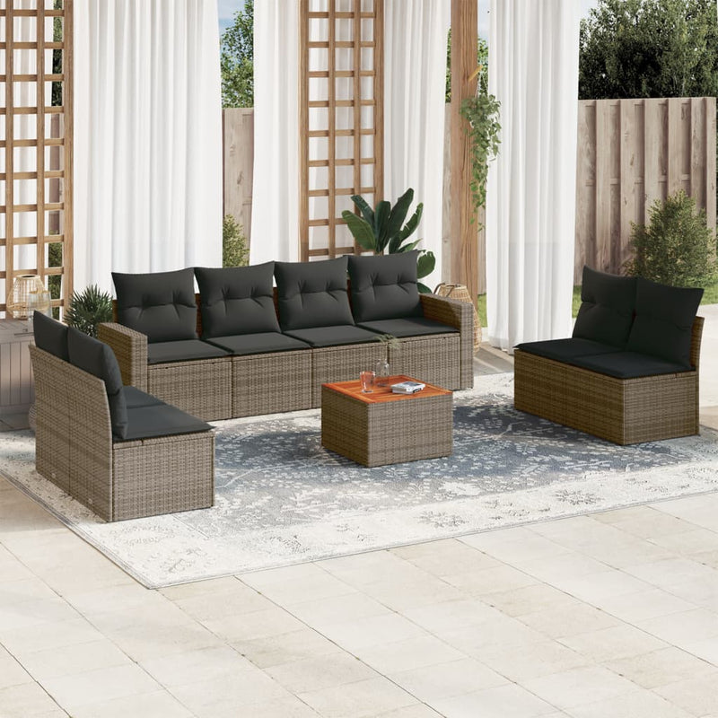 9-delige Loungeset met kussens poly rattan grijs