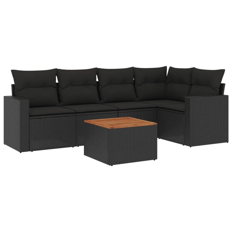 6-delige Loungeset met kussens poly rattan zwart