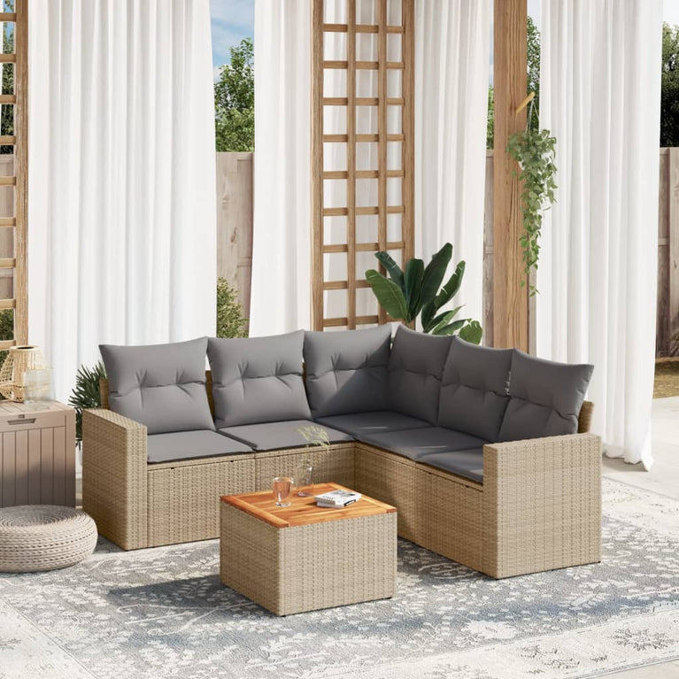 6-delige Loungeset met kussens poly rattan beige
