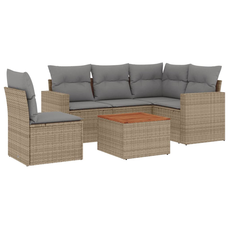 6-delige Loungeset met kussens poly rattan beige