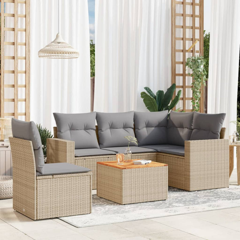 6-delige Loungeset met kussens poly rattan beige