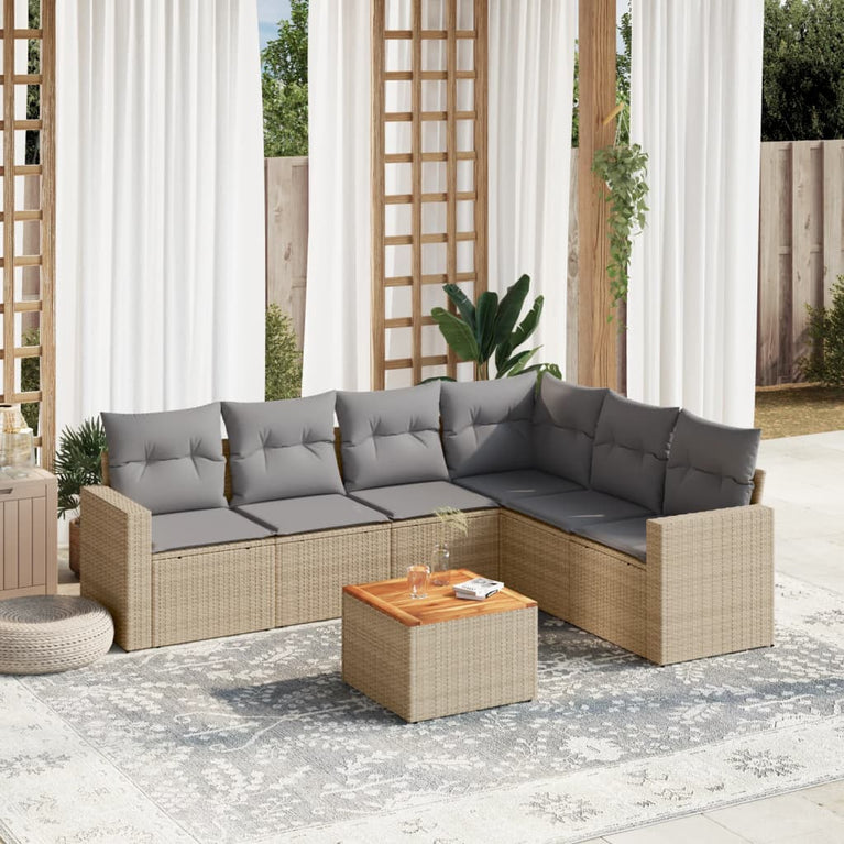 7-delige Loungeset met kussens poly rattan beige