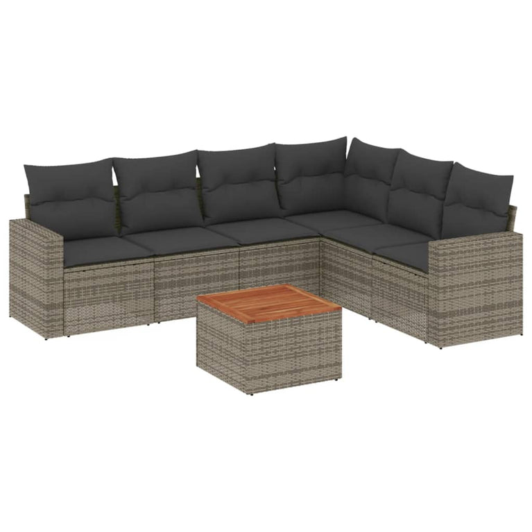 7-delige Loungeset met kussens poly rattan grijs