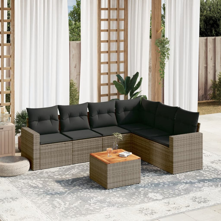 7-delige Loungeset met kussens poly rattan grijs