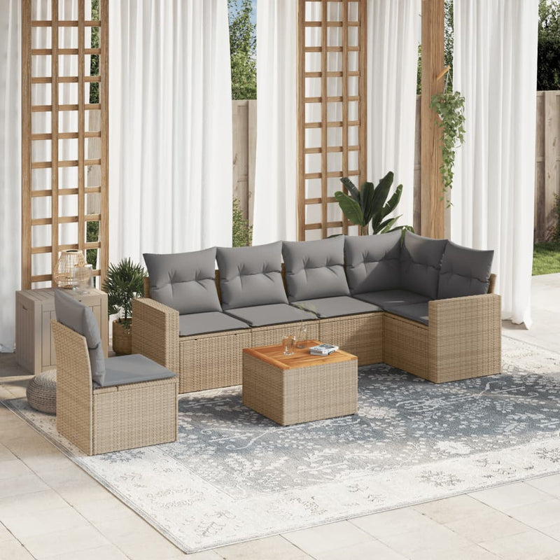 7-delige Loungeset met kussens poly rattan beige