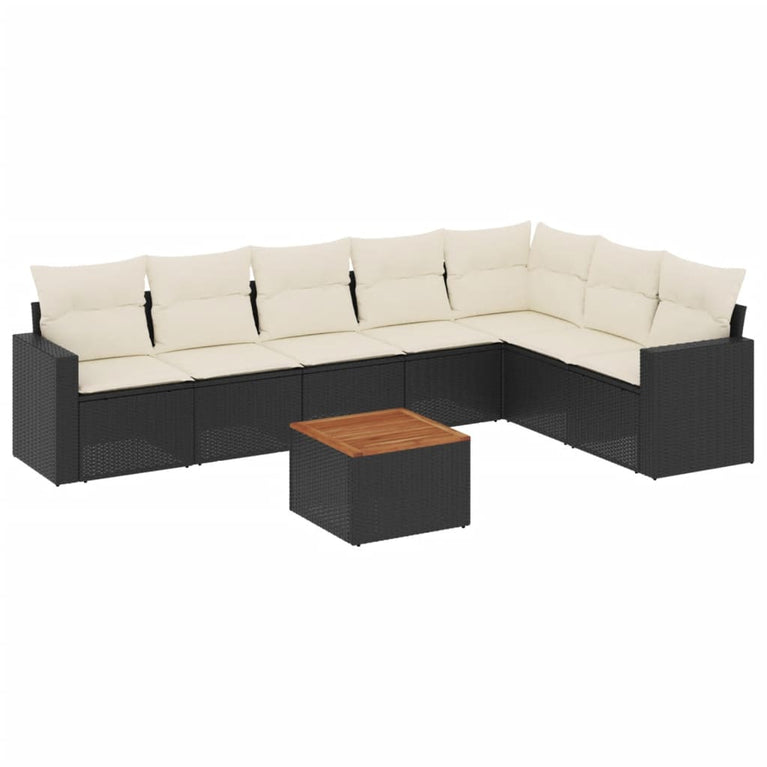 8-delige Loungeset met kussens poly rattan zwart