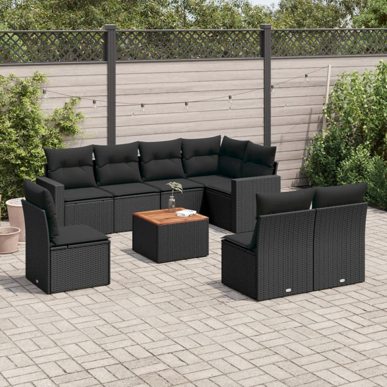 9-delige Loungeset met kussens poly rattan zwart