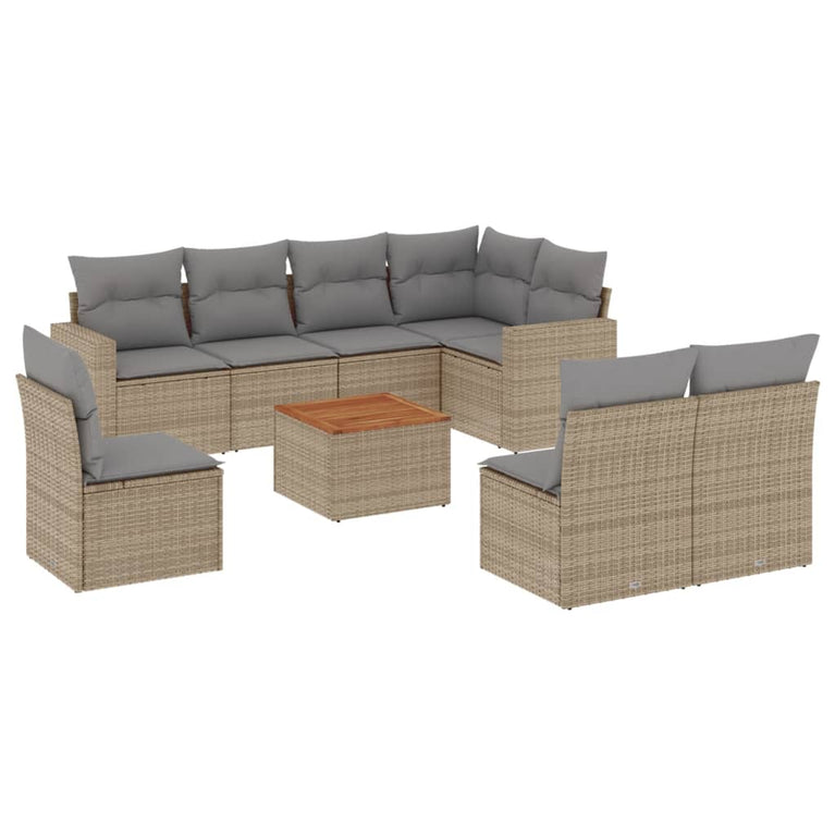 9-delige Loungeset met kussens poly rattan beige