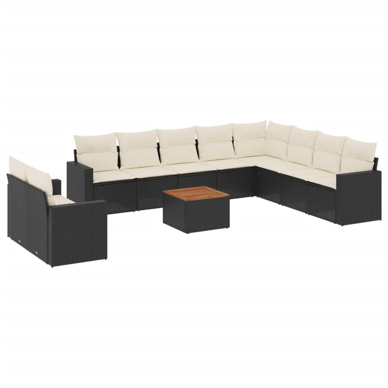 11-delige Loungeset met kussens poly rattan zwart