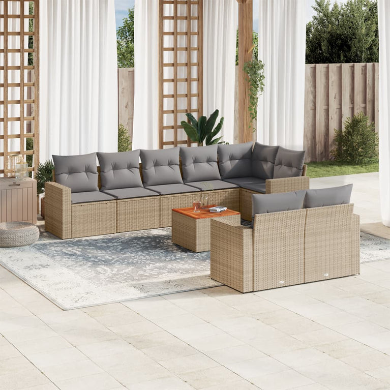 9-delige Loungeset met kussens poly rattan beige