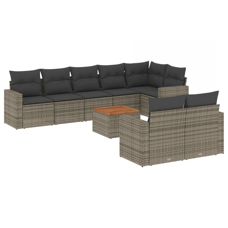 9-delige Loungeset met kussens poly rattan grijs