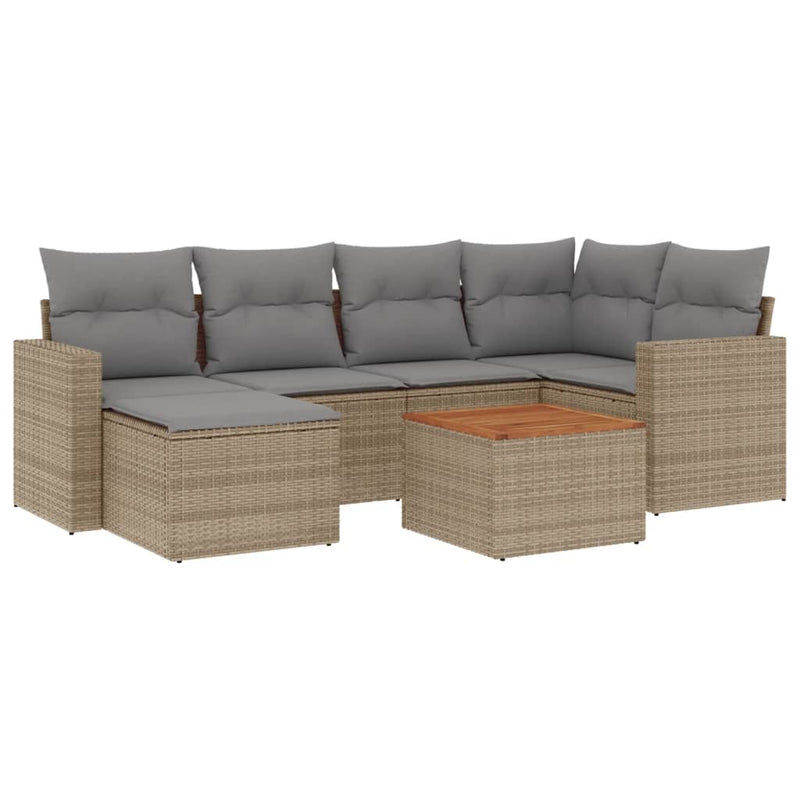 7-delige Loungeset met kussens poly rattan beige