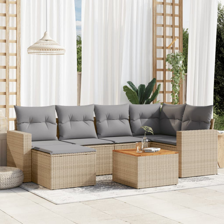 7-delige Loungeset met kussens poly rattan beige
