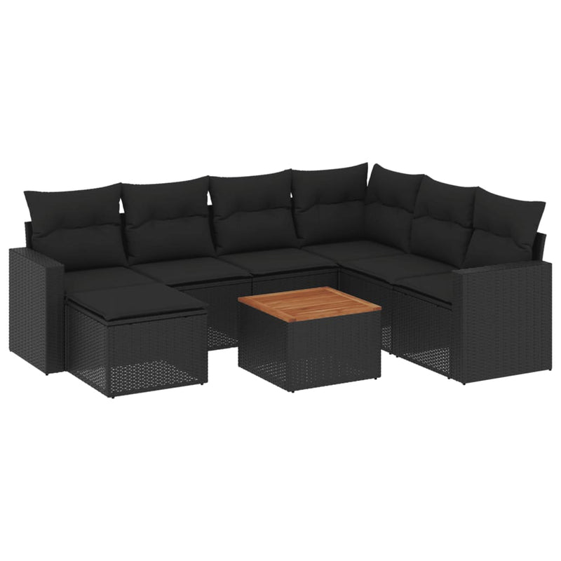 8-delige Loungeset met kussens poly rattan zwart