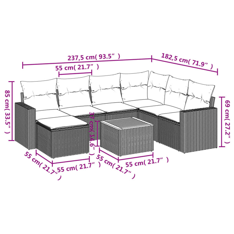 8-delige Loungeset met kussens poly rattan zwart