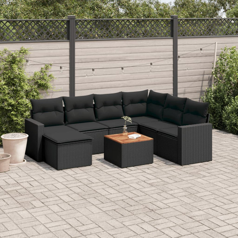 8-delige Loungeset met kussens poly rattan zwart