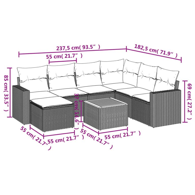 8-delige Loungeset met kussens poly rattan beige