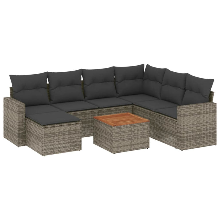 8-delige Loungeset met kussens poly rattan grijs