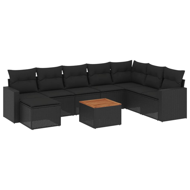 9-delige Loungeset met kussens poly rattan zwart