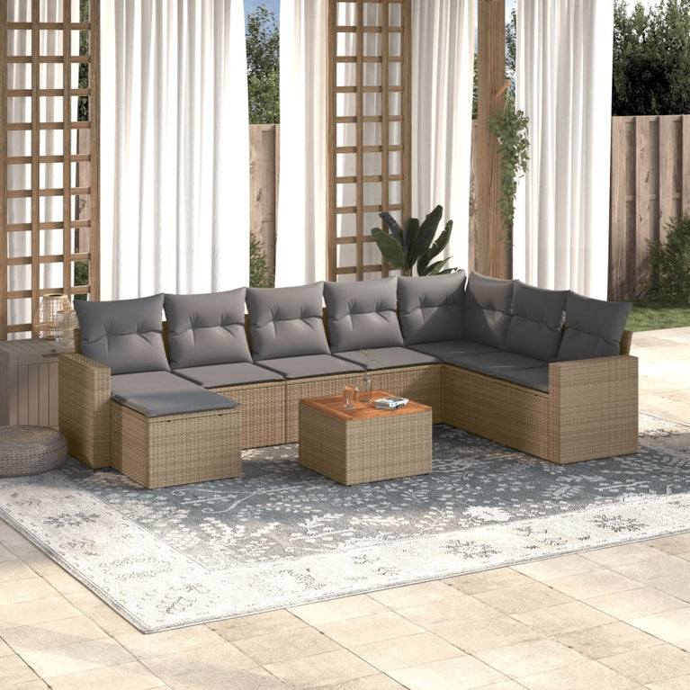 9-delige Loungeset met kussens poly rattan beige