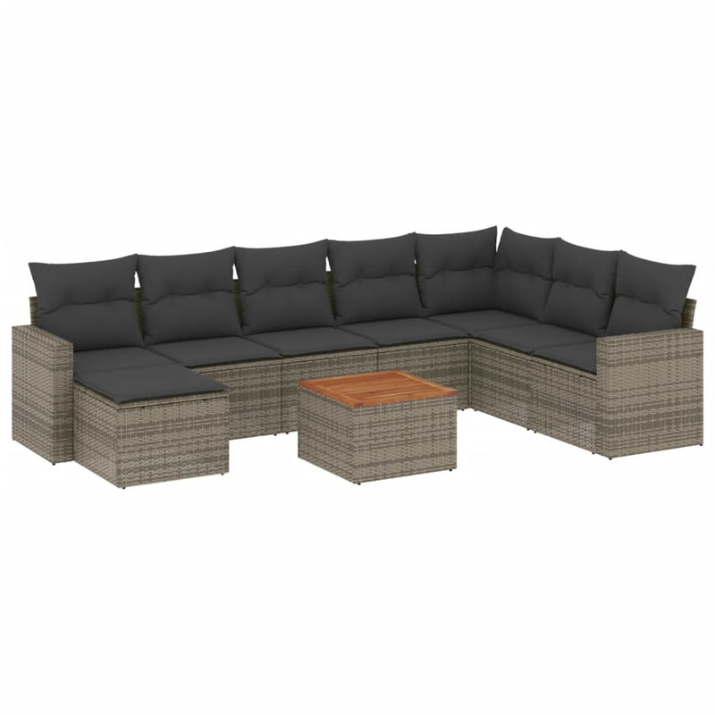 9-delige Loungeset met kussens poly rattan grijs