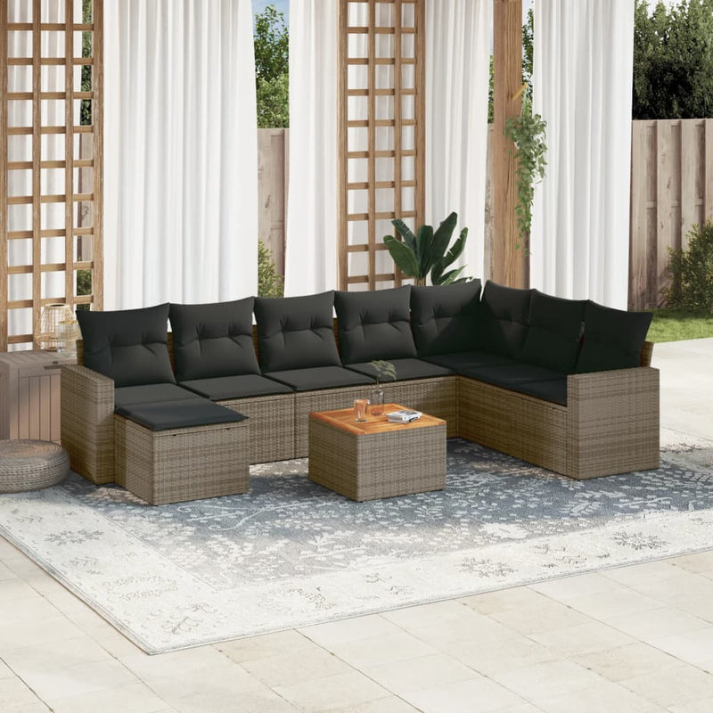 9-delige Loungeset met kussens poly rattan grijs