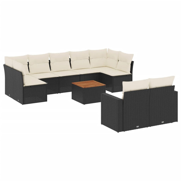 10-delige Loungeset met kussens poly rattan zwart