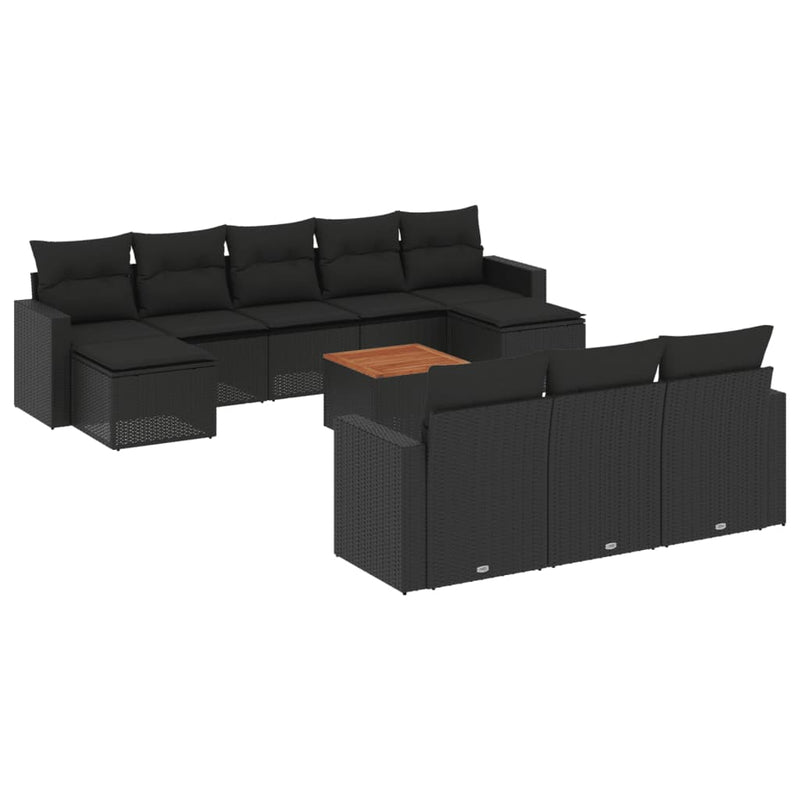 11-delige Loungeset met kussens poly rattan zwart