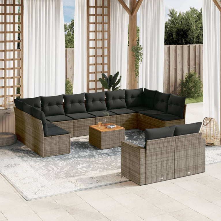 13-delige Loungeset met kussens poly rattan grijs