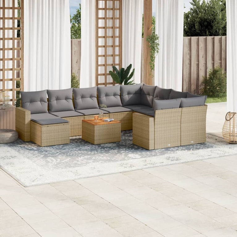 11-delige Tuinset met kussens poly rattan beige