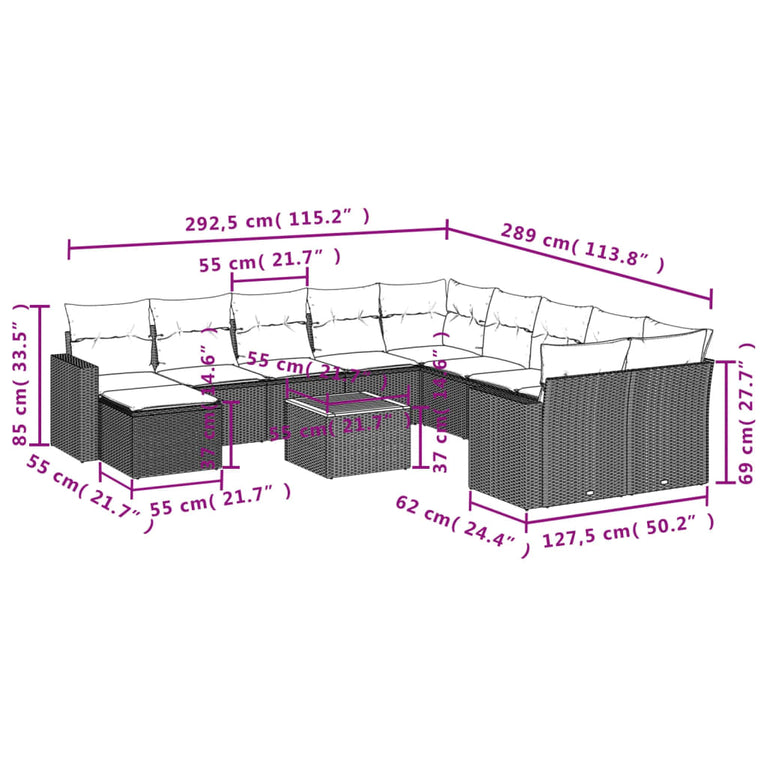 12-delige Loungeset met kussens poly rattan zwart