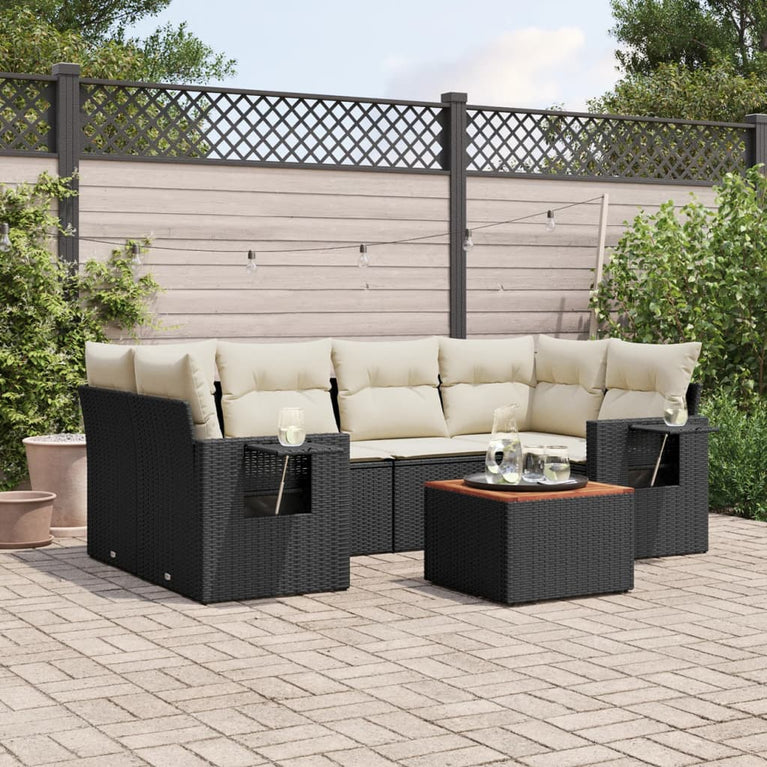 7-delige Loungeset met kussens poly rattan zwart