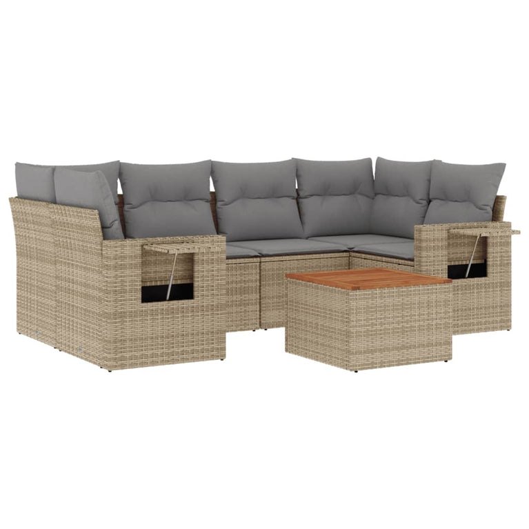 7-delige Loungeset met kussens poly rattan beige