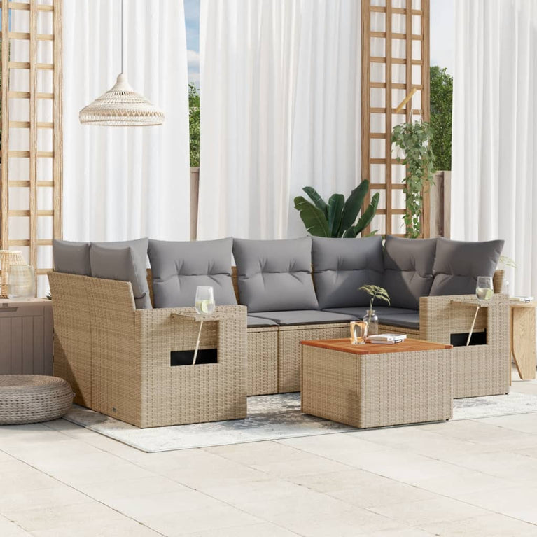 7-delige Loungeset met kussens poly rattan beige