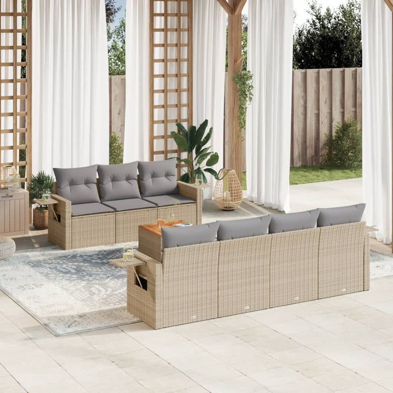 8-delige Loungeset met kussens poly rattan beige