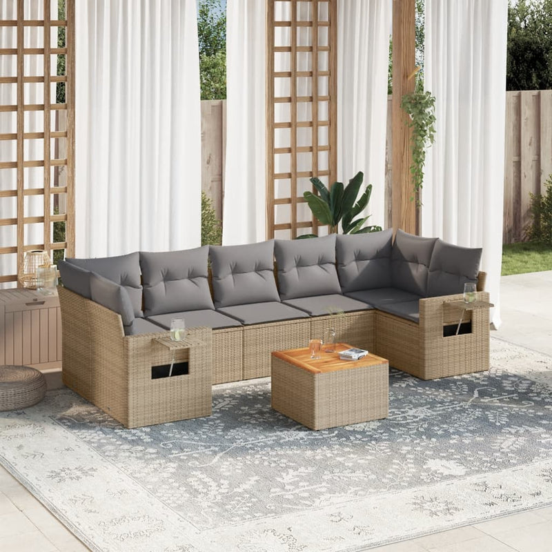 8-delige Loungeset met kussens poly rattan beige