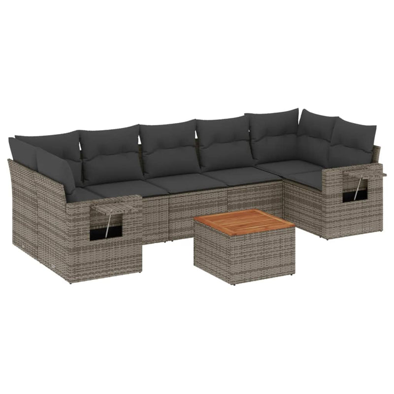 8-delige Loungeset met kussens poly rattan grijs