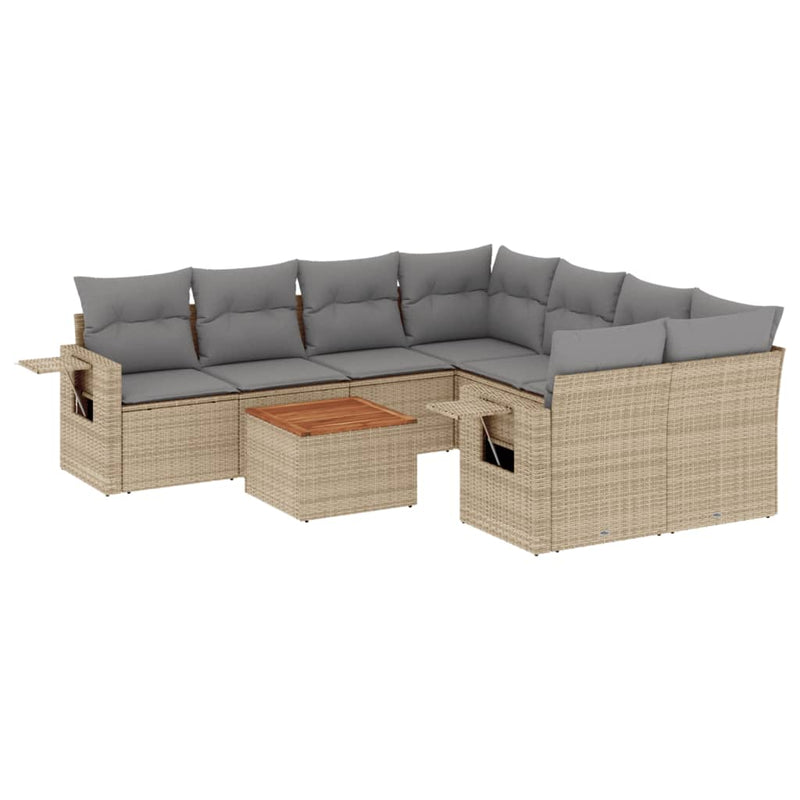 9-delige Loungeset met kussens poly rattan beige