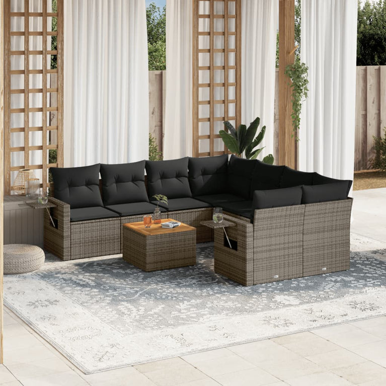 9-delige Loungeset met kussens poly rattan grijs