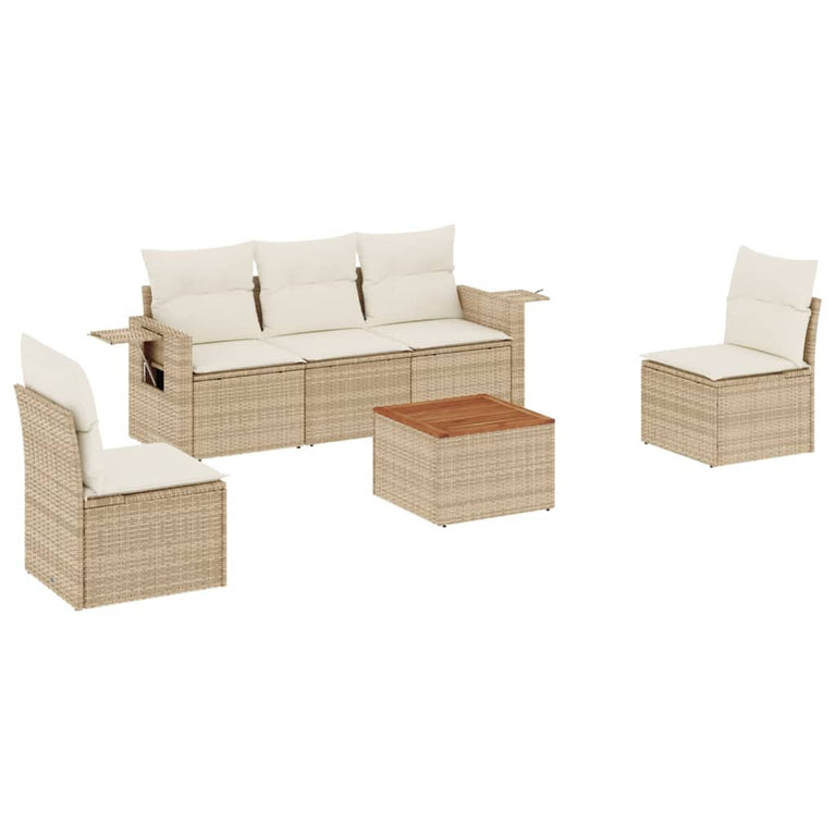 6-delige Loungeset met kussens poly rattan beige